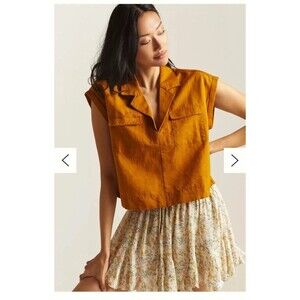 Anthropologie Cropped Utility Pullover Top Linen Blend Rust Orange Size Large